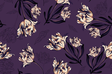 Seamless flower pattern. Leaves background. Abstract elegance pattern.