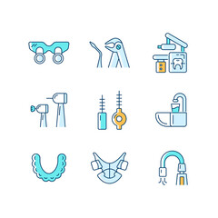 Canvas Print - Dental visit RGB color icons set. Orthodontic appliances. Tooth extraction. Cosmetic dentistry. X-ray equipment. Teeth aligners. Isolated vector illustrations. Simple filled line drawings collection