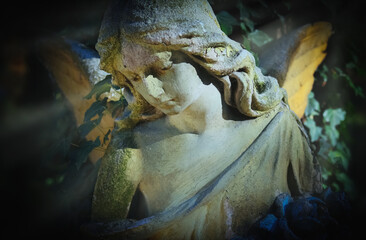 Fototapete - Beauutiful sad angel in the sunlight. Ancient statue. Fragment. Horizontal image.