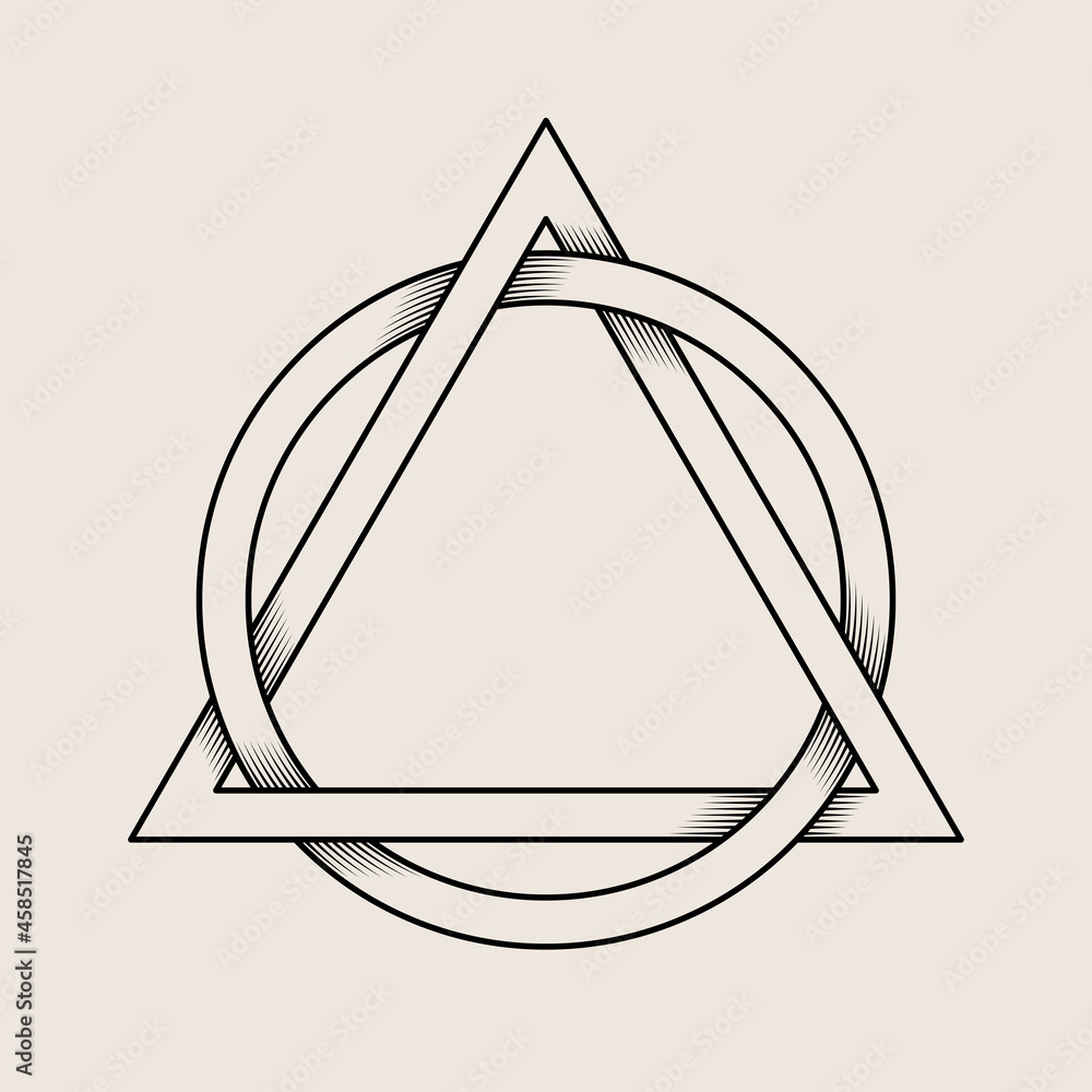 Intertwined triangle and circle symbol. Geometric design element