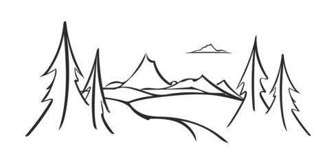 Fototapete - Vector mountains sketch landscape with pines on foreground. Otline design.
