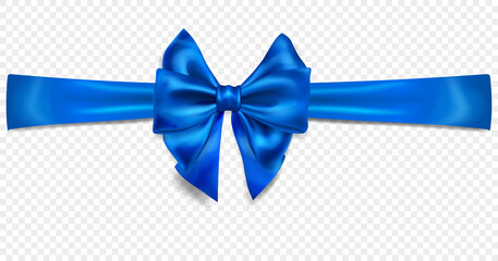 Wall Mural - Beautiful blue bow with horizontal ribbon with shadow, isolated on transparent background. Transparency only in vector format