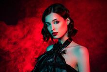 Photo Of Charming Gorgeous Woman Wear Red Lipstick October Party Style Wear Vampire Isolated On Neon Fog Background