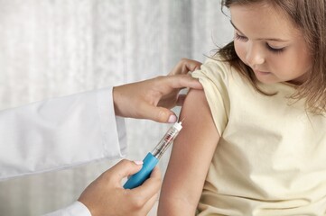 Poster - Young patient visits a skillful doctor at hospital for vaccination . Covid 19 and coronavirus vaccination