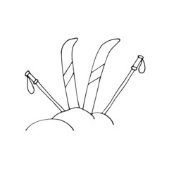 Illustration of a cartoon sketch of skis and ski poles. Ski equipment in the doodle style. A simple kit for winter sports and games.