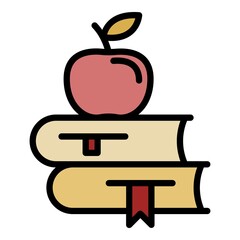 Sticker - Apple on books icon. Outline apple on books vector icon color flat isolated