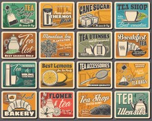 Tea Blends, Utensils And Bakery Shop Retro Posters Set. Vacuum Flasks, Cane Sugar And Lemons, Vector Tea Bag, Glass, Metal And Porcelain Teapot, Cup, Tea Leaves And Flowers, Croissant, Hiking Cookware