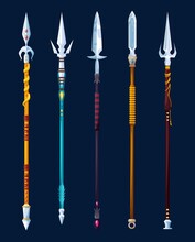 Magical Cartoon Steel Spears And Lance Weapon. Medieval Knight Arms, Vector Game Asset Icons. Ancient Warrior Or Royal Soldier Spears And Javelin Lances Weaponry With Magic Gemstones And Silver Pikes