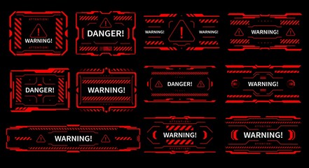 HUD danger and alert attention vector red interface signs, warning and caution UI. HUD tech and digital cyber frames alert warning on screen, error attention or attack damage and system failure