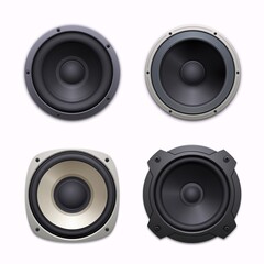 Sound speakers, stereo audio music system icons. Sound system woofers or drivers, 3d realistic vector dynamic loudspeakers with bolted round and square metal frame, rubber or foam ring, diaphragm