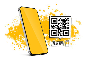 Smartphone with QR code and Scan Me label in a vibrant yellow paint splash background. Vector template ideal for mobile app presentation, digital promotion, or contactless marketing visuals.