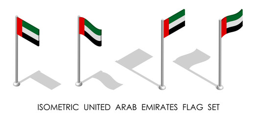 isometric flag of UNITED ARAB EMIRATES in static position and in motion on flagpole. 3d vector