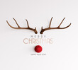 Reindeer with red nose with Merry Christmas text on white background 3D Rendering, 3D Illustration