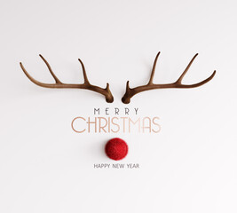 Wall Mural - Reindeer with red nose with Merry Christmas text on white background 3D Rendering, 3D Illustration