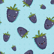 Funny cute cartoon emoji of big and little berries of bramble, dewberry, blackberry, the seamless vector background. The smiling and laughing kawaii ramble, dewberry, blackberry, the pattern for kids 
