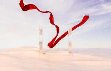 Aufkleber - Abstract winter Christmas scene with geometric ice frame and red ribbon. 3d rendering.