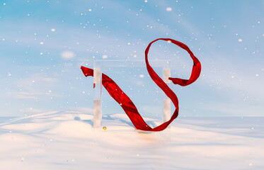 Poster - Abstract winter Christmas scene with geometric ice frame and red ribbon. 3d rendering.