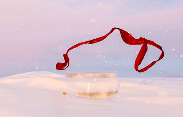 Aufkleber - Abstract winter Christmas scene with geometric ice frame and red ribbon. 3d rendering.
