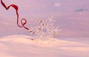 Aufkleber - Abstract winter Christmas scene with geometric ice frame and red ribbon. 3d rendering.