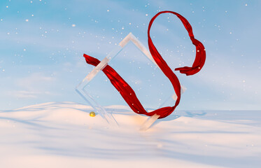 Poster - Abstract winter Christmas scene with geometric ice frame and red ribbon. 3d rendering.