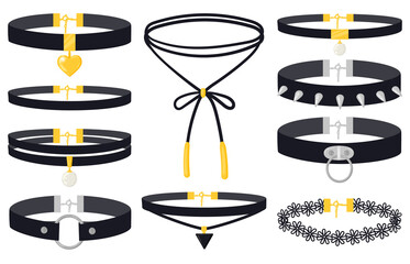 Sticker - Cartoon women fashion jewel accessories choker necklaces. Modern women jewellery necklaces, gold silver gemstone choker pendants vector illustration set. Choker necklaces