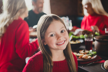 Photo of little girl sit table little childhood grandchildren grandparents pensioner retired friends noel in x-mas indoors house