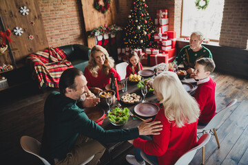 Sticker - Photo portrait of full family talking sitting at festive table eating delicious food on new year