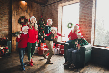 Sticker - Photo of friends childhood grandparents retired pensioner little grandchildren husband wife v-sign wear santa claus hat noel house indoors