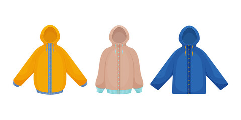 Jackets for autumn and winter walks in different colors and styles. A set of three jackets. Youth outerwear for walking and sports. Vector illustration