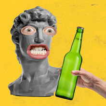 Contemporary Art Collage Of Antic Statue With Human Eyes And Mouth Isolated Over Yellow Background. Human Hand Holding Bottle Of Beer