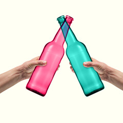 Contemporary art collage of two bottles of beer clinking isolated over pastel background