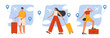 © everything bagel - Tourists with luggage at the airport set. Collection of young and happy traveling people carrying suitcases, bags. Summer vacation, holiday, journey concept. Isolated flat vector illustration