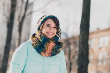 Poster - Photo of charming young attractive nice happy lady look away walk snow park good mood outdoors outside