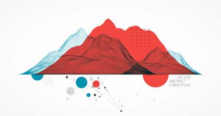 Abstract wireframe mountain background. Modern science or technology art elements. Surface illustration. Vector.