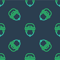 Sticker - Line Hockey helmet icon isolated seamless pattern on blue background. Vector