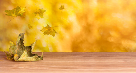 Autumn leaves fall on the table. Autumn background.