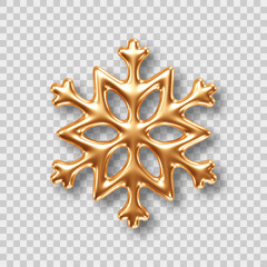 Wall Mural - Golden snowflake isolated on transparent background. Design element for Christmas greeting card