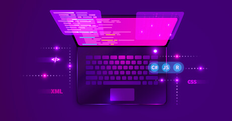 Wall Mural - web development, coding and programming futuristic banner. computer code on laptop.