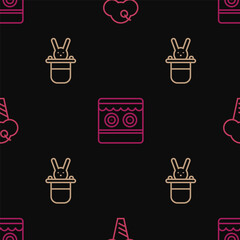 Wall Mural - Set line Ice cream in waffle cone, Magician hat and rabbit and Shooting gallery on seamless pattern. Vector