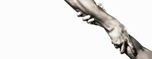 Close Up Help Hand. Helping Hand Concept, Support. Helping Hand Outstretched, Isolated Arm, Salvation. Two Hands, Helping Arm Of A Friend, Teamwork. Rescue, Helping Gesture Or Hands. Copy Space