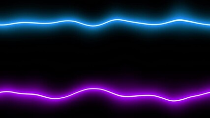 Wall Mural - Blue and purple bright flowing neon lines with the effect of electric flashes on the black background, loopable stock video