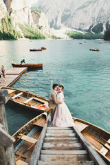 Wall Mural - Wedding couple on the nature is hugging each other. Beautiful model girl in white dress. Man in suit