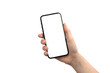 © FellowNeko - Hand with mobile phone mockup screen isolated on a white background
