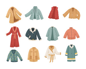 vector set of vinter clothes. different types of coats and jackets.