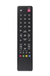 Top view of black modern remote controller from TV set with colorful buttons on white isolated background