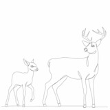 Fototapeta Konie - one continuous line drawing of a deer and a fawn