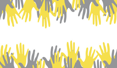 Wall Mural - Hands of people with different skin colors, different nationalities and religions. Community activists, feminists are fighting for equality. The trend colors of 2021 are yellow and gray. 
