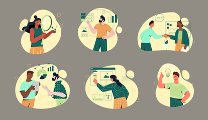 set of business scenes with male and female characters are working on grey background. collection of