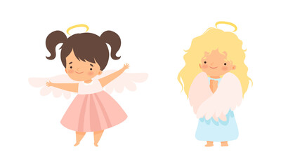 Poster - Cute Baby Angels with Nimbus and Wings Vector Set