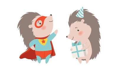 Wall Mural - Funny Grey Hedgehog Holding Gift Box and Wearing Superhero Costume Vector Set